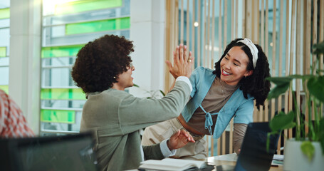 Aufkleber - Campus, smile and students with high five for education, english project or studying in collaboration. College, people and friends with hand gesture for success, test score or solidarity for teamwork