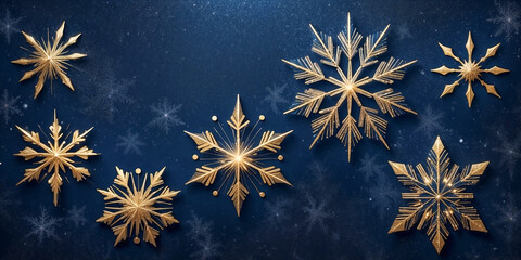 Wall Mural - magical gold snowflakes over glitter blue dark background