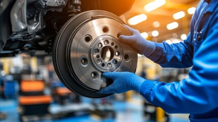 Wall Mural - The mechanic is working on the car's brakes in an auto workshop.