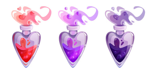 Aufkleber - Magical heart shaped bottles with enchanted potions in pink, violet and deep purple colors. Cartoon mystical smoke with tiny floating love symbol, round and skull bubble escapes from glass vials.