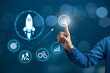 © Village Studio 12 - Businessman touch rocket launch investment growth,Business Growth Strategy Concept,including rocket launch, target achievement, analytics, and teamwork. innovation,goals, leadership,rocket,