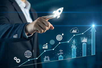 businessman touch rocket launch investment growth,business growth strategy concept,including rocket 