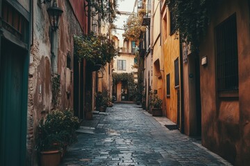  A narrow, cobblestone street in a European city, lined with old buildings.