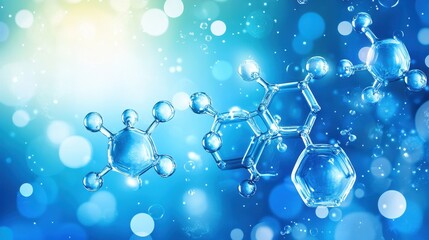 blue molecule model on a light blue background with bokeh effect. perfect for illustrating science, 