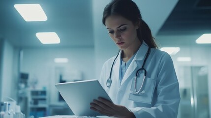 Aufkleber - A woman in a white lab coat is using a tablet computer