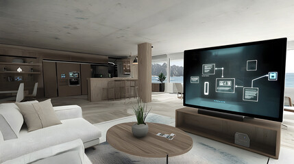 Wall Mural - Modern living room with sleek design and ocean view.