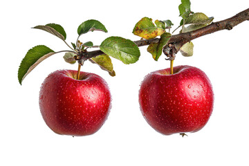 Two fresh ripe red apples hanging on the branch