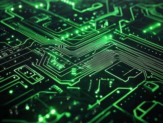 Poster - intricate futuristic circuit board pattern with glowing neon green microchip elements long title int