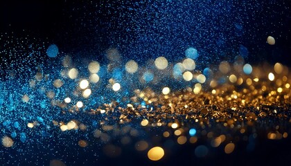 background of abstract glitter lights. blue, gold and black. de focused. banner 