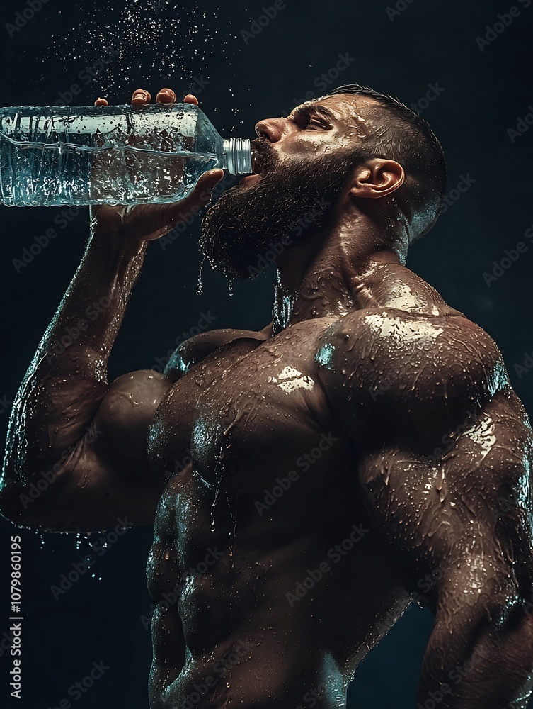 Muscular Bodybuilder Drinking Water with Intense Expression Capturing ...