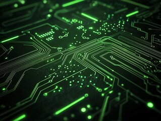  - futuristic neon green circuit board pattern with intricate microchip elements digital background