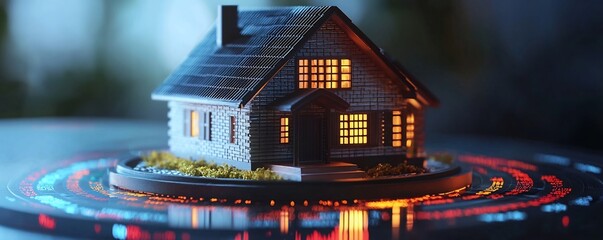 Poster - Miniature House Model with Market Ticker Display Symbolizing Real Estate and Finance Trends