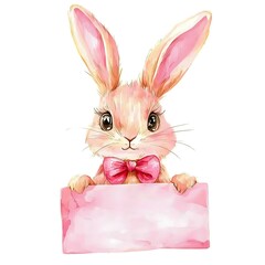 Canvas Print - Cute Watercolor Rabbit Holding a Blank Pink Sign.