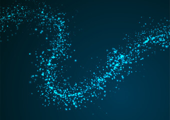 Wavy shape of sparkling neon dots abstract blue background. Futuristic vector design