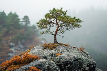 Wall Mural - A single pine tree stands tall on a rocky outcrop in a misty forest.