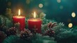 © Specelectra - Two red candles with golden crosses burning in a green evergreen wreath with pine cones.
