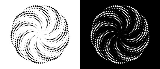 Poster - Modern abstract background. Halftone dots in circle form. Spiral logo. Vector dotted frame. Design element or icon. Black dots on a white background and white dots on the black side.