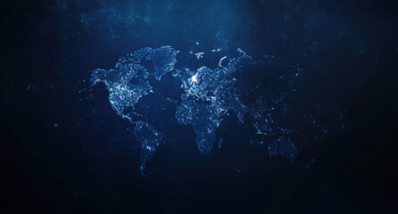 Wall Mural - Illuminated world map on dark background, showcasing global connectivity and economic development. vibrant lights represent cities and regions, emphasizing theme of globalization and technological