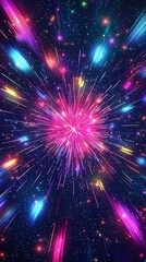Poster - Dazzling Neon Fireworks Burst with Vibrant Radiating Colors Celebrating Energy and Light