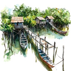 Wall Mural - Watercolor Painting of Stilt Houses and Boats in a Tropical Lagoon.