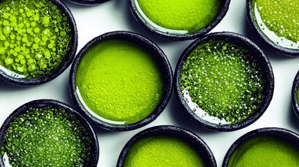 Poster - Colorful Green Bubbles in Circular Black Containers with Varying Textures and Shades, Capturing a Unique Artistic Display of Nature’s Palette and Vibrancy
