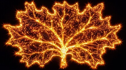 Poster - Radiant Glowing Leaf Against a Dark Background, Illuminated with Sparkling Lights, Showcasing the Beauty of Nature in a Unique Artistic Representation