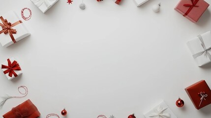 Wall Mural - Red and white gifts surround a white background, suggesting a festive occasion