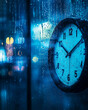 © OlgaNeuroArt - Clock against rain-streaked window with city lights in the background – a somber reminder of passing time on Blue Monday, evoking introspection