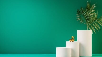 Poster - Three white cylinders sit on a teal surface in front of a teal wall with a palm frond in a white cylinder behind