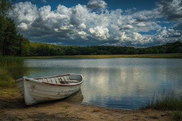  A white rowboat sits on the shore of a lake, with a forest and dramatic clouds in the background.