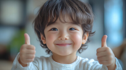 Wall Mural - Happy joyful child giving thumbs up with bright smile, showcasing excitement and positivity. This portrait captures essence of childhood joy and innocence