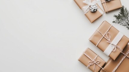 Wall Mural - Wrapped gifts lie on a white surface, with a pine branch and a white shadow of a Christmas tree in the background