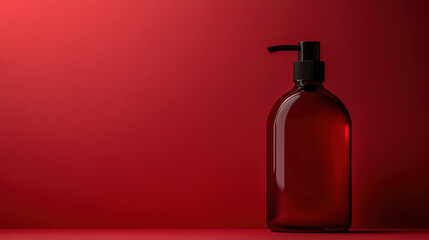 Wall Mural - sleek amber bottle with pump sits against vibrant red background, creating striking visual contrast. This evokes sense of elegance and modernity, perfect for product displays