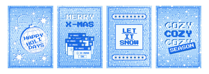 Aufkleber - Set of pixel Christmas posters in retro style. Posters with bitmap texture. Vector template for banner, social media post, holiday cover