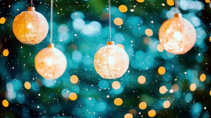 Poster - Softly Glowing Lanterns Illuminating a Winter Wonderland with Soft Snowflakes and Glimmering Lights in a Dreamy Seasonal Setting