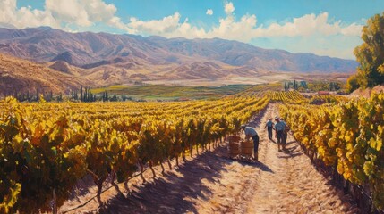 Wall Mural - Wine grape harvest in Chile, organized vineyards with workers picking ripe grapes.