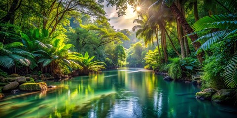 Canvas Print - A serene river flowing through a lush tropical rainforest, showcasing vibrant plants and trees in a harmonious reflection on the crystal-clear water, inviting tranquility and natural beauty.