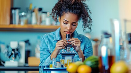 Poster - Young Female Scientist Using Microscope in Laboratory Setting Surrounded by Fresh Ingredients and Containers for Experiments and Research Purposes