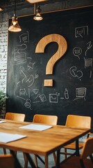 Poster - large question mark on chalkboard in conference room symbolizing innovation and strategic thinking
