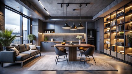 Wall Mural - Candid Photography of a Brutalist Ultramodern One-Room Apartment Featuring Dark Colors, LED Lighting, Kitchen Dining Table, and a Home Office Area in a Spacious Layout