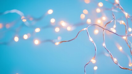 Wall Mural - Fairy lights strung against a blue background create a festive atmosphere