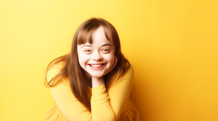 Portrait of smiling laughing teenage girl with Down syndrome yellow background.