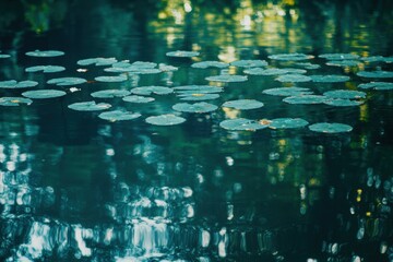 Wall Mural - Calm pond water with lily pads and reflection of trees.