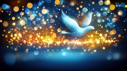 Poster - Ethereal Blue Bird Soaring Through a Magical Bokeh Background with Glowing Lights and a Dreamy Atmosphere for Creative Visuals and Artistic Projects