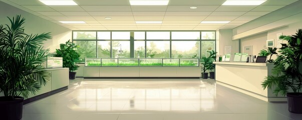 Poster - Bright and Open Reception Area with Indoor Plants and Large Windows Providing Natural Light in a Modern Office Setting