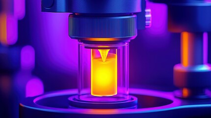 Poster - Close-up View of a Scientific Microscope with Vibrant Lighting, Showcasing a Lit Sample Within a Glass Container, Ideal for Research and Technology Themes