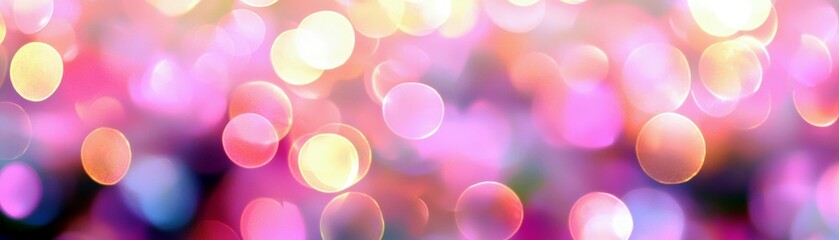 Poster - Abstract blurred background of colorful bokeh lights in soft pink, purple, and gold hues creating a dreamy and festive atmosphere suitable for celebrations and events