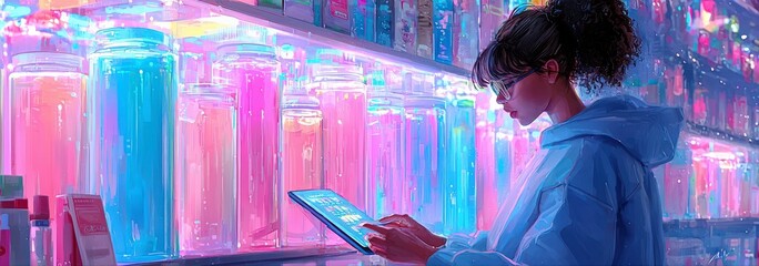 Poster - Futuristic Laboratory Scene with a Young Woman Using Tablet Surrounded by Glowing Containers of Colorful Liquids in Neon Lighting
