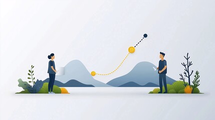 Poster - Infographic Detail of Customer Engagement Journey with Characters Analyzing Data Visuals in a Scenic Background Representing Growth and Interaction