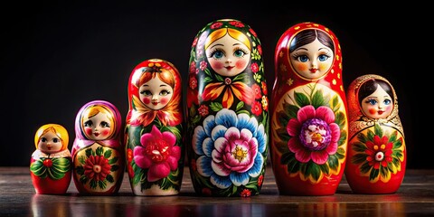 Matryoshka dolls and vibrant flowers set against a black background, Matryoshka dolls, flowers